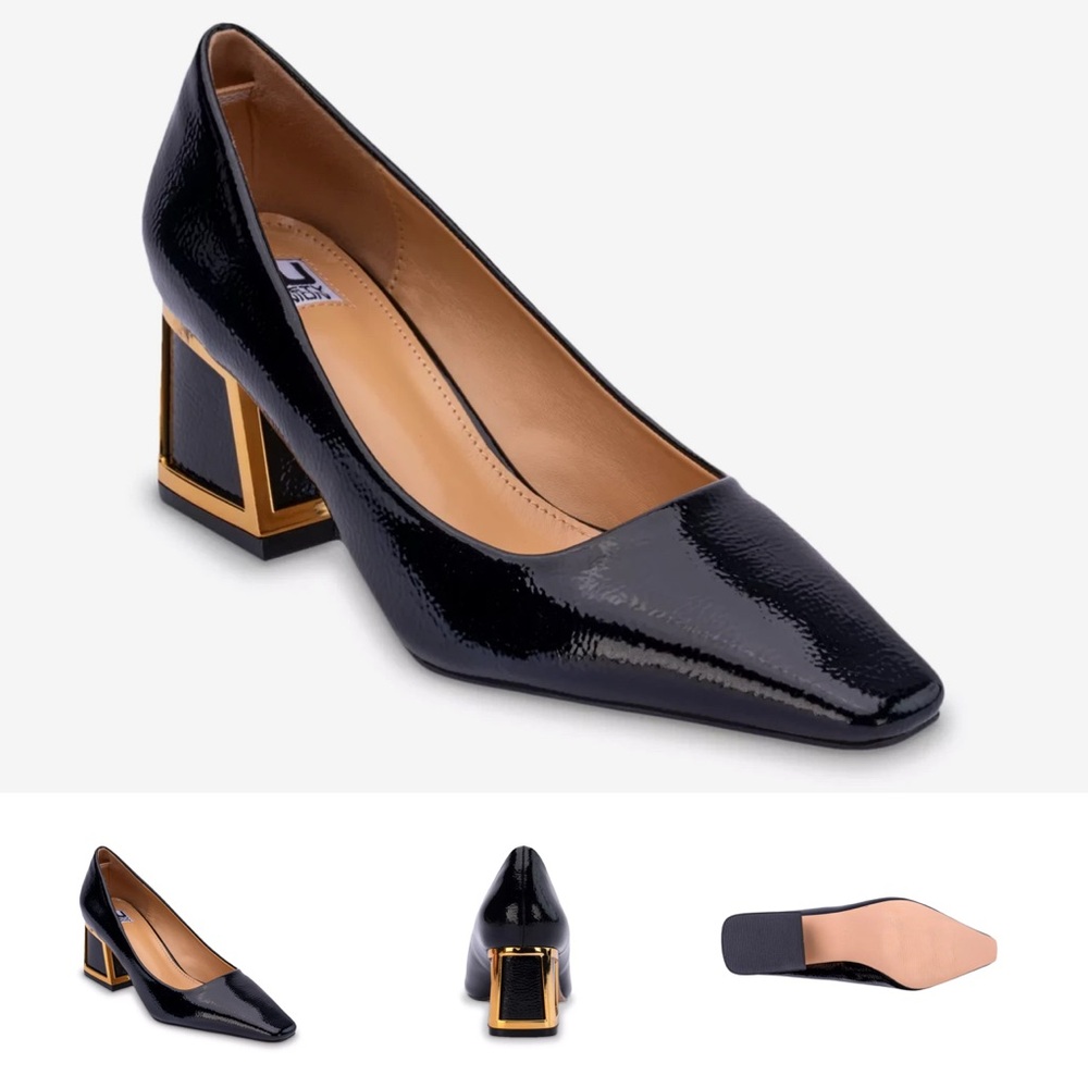 Ninety Union Black and Gold Patent Block Heels